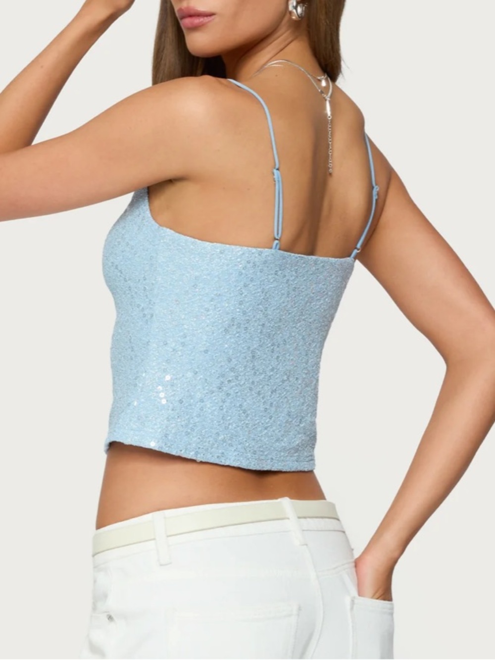 🍒 EDIKTED LIKE NEW Icy Blue Y2K Shimmer Sequin Crop Cami Party Top Sz Small